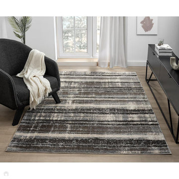 Eleanor Linear ELN02 Modern Abstract Stripe Distressed Soft-Touch High-Density Carved 3D Embossed Hi-Lo Textured Polyblend Ivory/Slate Grey/Charcoal/Ash Grey/Warm Taupe Brown Rug-Desire Rugs-Rug Love - The Most Loved Rug Store
